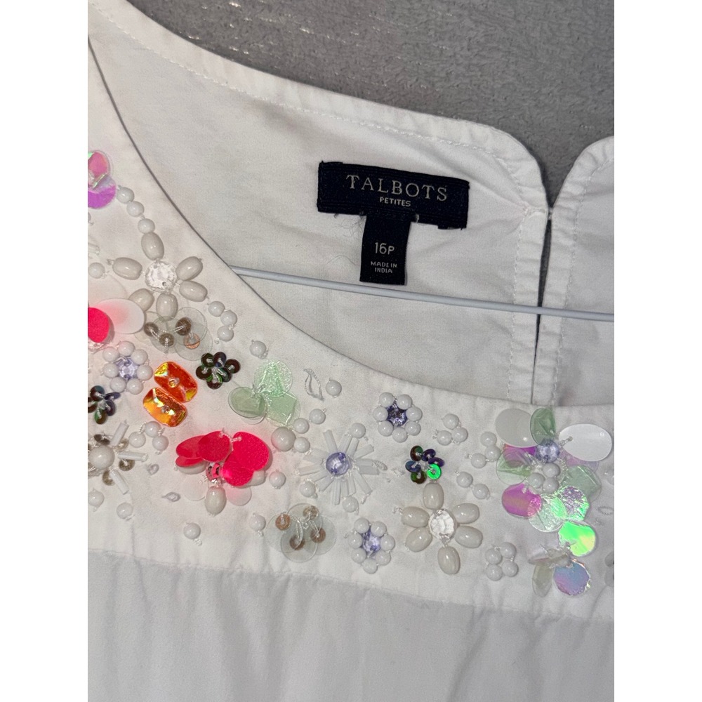 Talbots Petites White Cotton Sleeveless Beaded Floral‎ Sequin Blouse Top 16P
